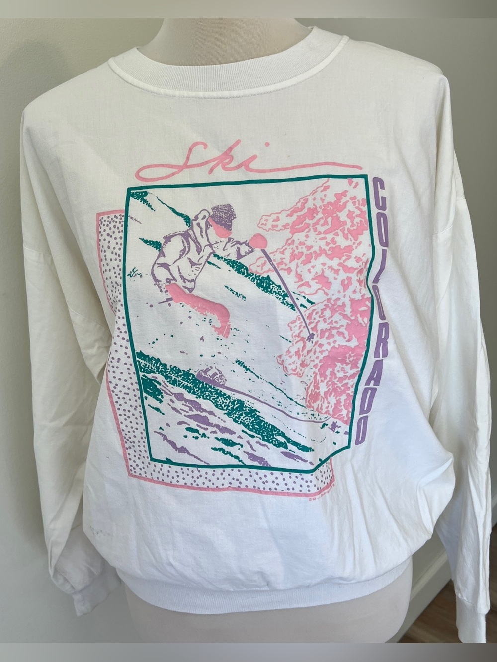 Vintage Ski Colorado Graphic Long Sleeve Shirt White with Pink & Teal small